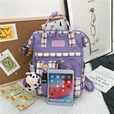 Vintage Casual Women Plaid Canvas Backpacks Cow Pattern Bag