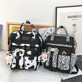 Vintage Casual Women Plaid Canvas Backpacks Cow Pattern Bag