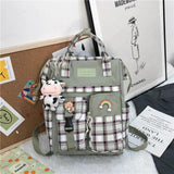 Vintage Casual Women Plaid Canvas Backpacks Cow Pattern Bag