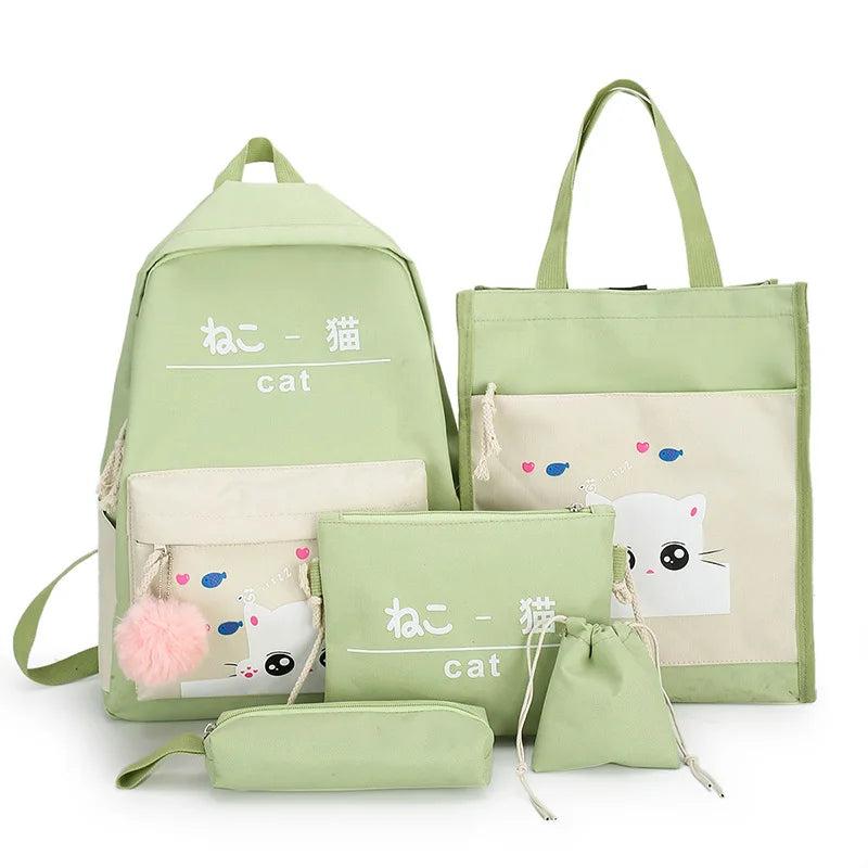 Cat Pattern Canvas Schoolbag Set with Tote and Pencil Case