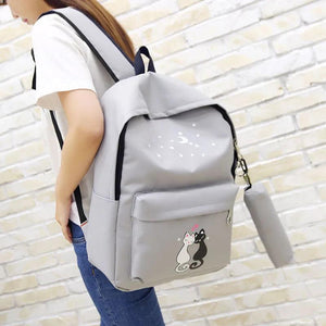 Teen Cat Print Backpack Set Unisex School Bags Pencil Case