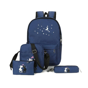 Teen Cat Print Backpack Set Unisex School Bags Pencil Case