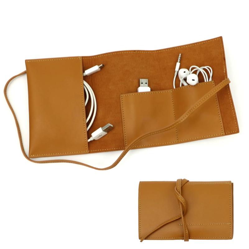 Leather Organizer Bag Travel Cable Storage Roll