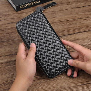 Cowhide Leather Long Men Wallet Business Woven Pattern High Leather Wallet