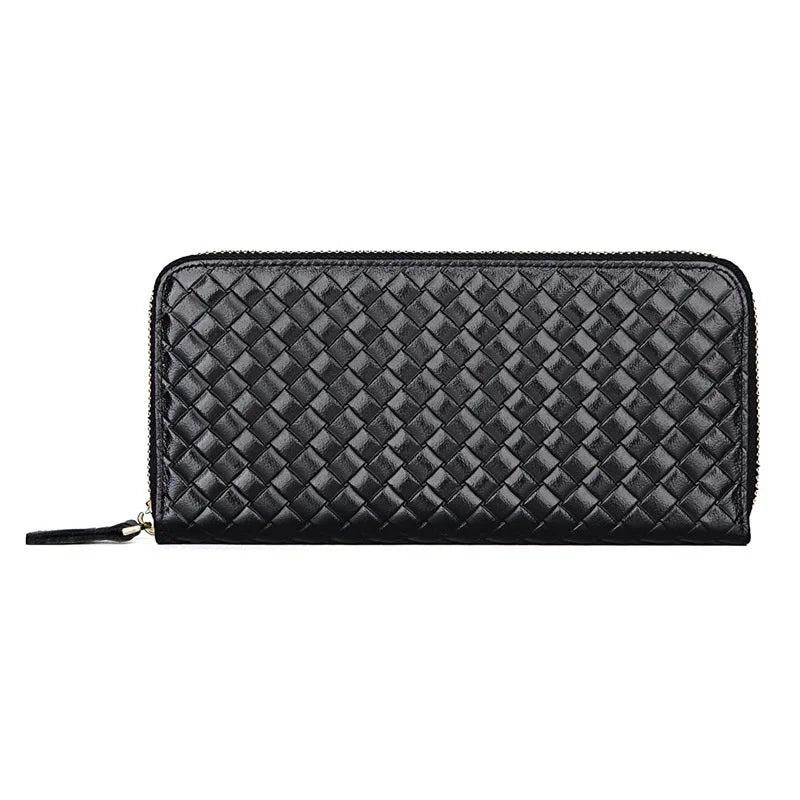Cowhide Leather Long Men Wallet Business Woven Pattern High Leather Wallet