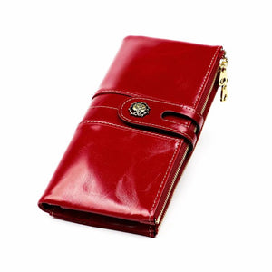 Oil Wax Leather Lady Purse RFID Anti-Theft Brush Long Wallet