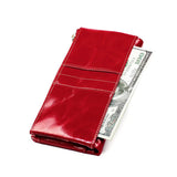 Oil Wax Leather Lady Purse RFID Anti-Theft Brush Long Wallet