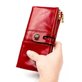Oil Wax Leather Lady Purse RFID Anti-Theft Brush Long Wallet