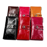 Oil Wax Leather Lady Purse RFID Anti-Theft Brush Long Wallet