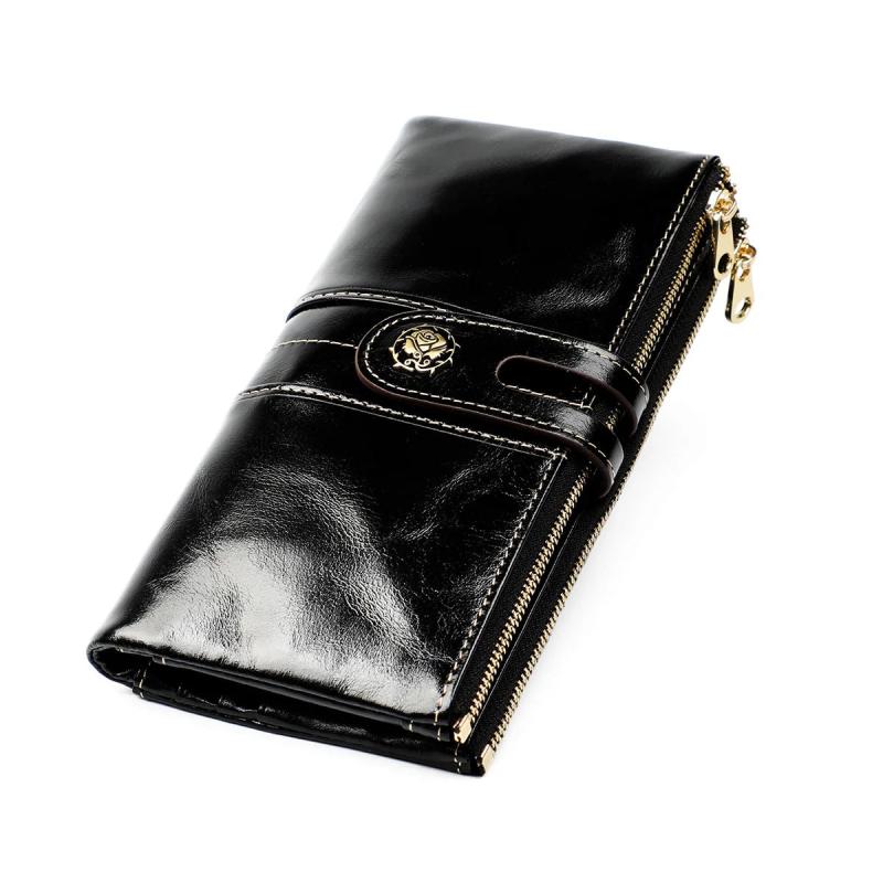 Oil Wax Leather Lady Purse RFID Anti-Theft Brush Long Wallet