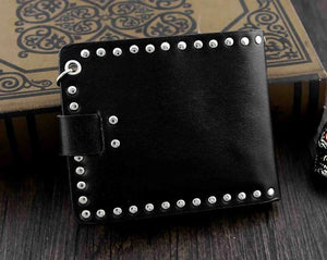2 Skulls Mens Biker Leather Wallet with Chain