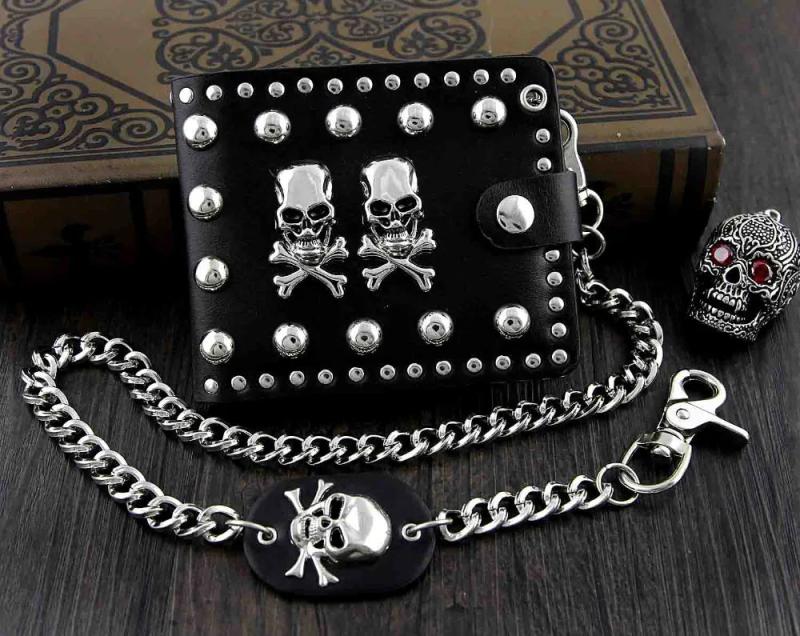 2 Skulls Mens Biker Leather Wallet with Chain