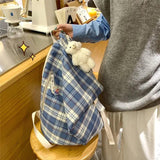 Women Plaid Nylon Backpack Waterproof Vintage Preppy Style Sweet Girls All-match