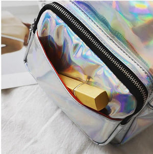 Women Hologram Backpack Laser Daypacks Female Silver Pu Leather Holographic Bags