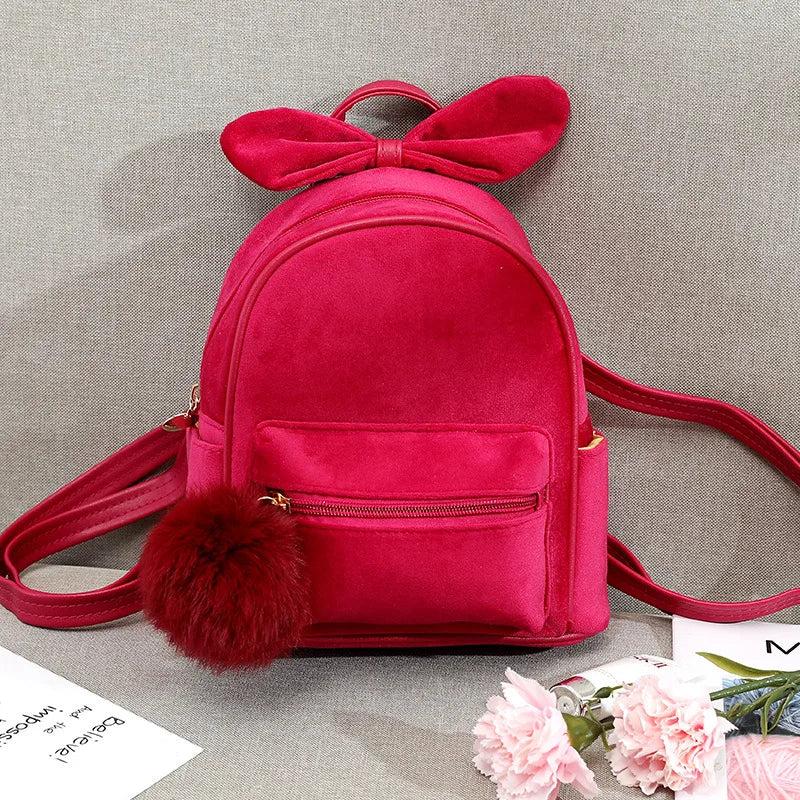 Kids Backpack Plush Bowknot Solid Schoolbag Girls Mini Cartoon Knapsack