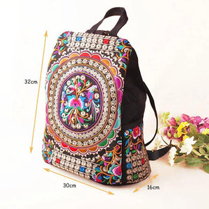 Vintage Embroidered Women Canvas Backpack Floral Schoolbag