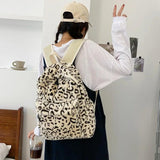 Leopard Print Women Backpack Large Capacity Soft Faux Fur School Bag for Girls
