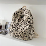 Leopard Print Women Backpack Large Capacity Soft Faux Fur School Bag for Girls