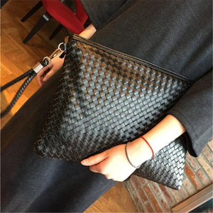 Men Leather Envelope Handbag Weave Briefcase