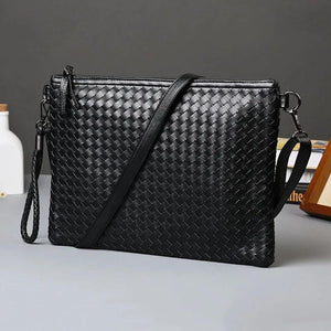 Men Leather Envelope Handbag Weave Briefcase