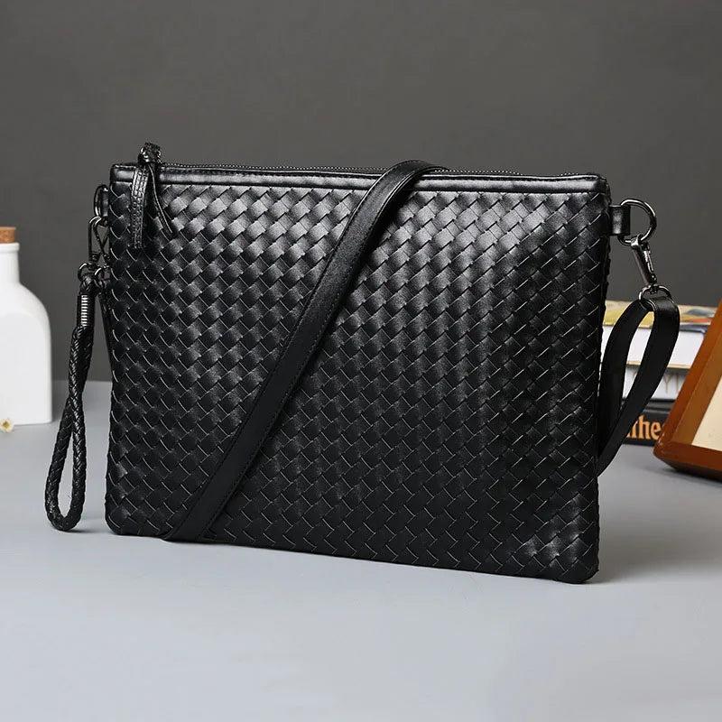 Men Leather Envelope Handbag Weave Briefcase