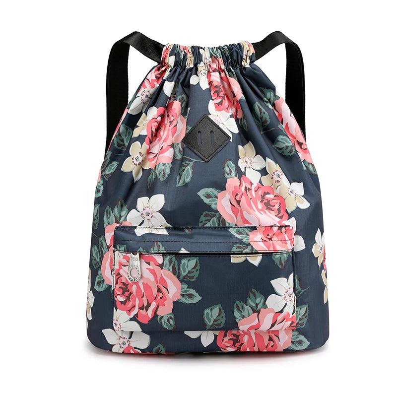 Women's Waterproof Nylon Backpack with Flower Drawstring