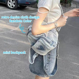 Retro Love Rhinestone Women's Small Backpack Girls Canvas Denim Schoolbags