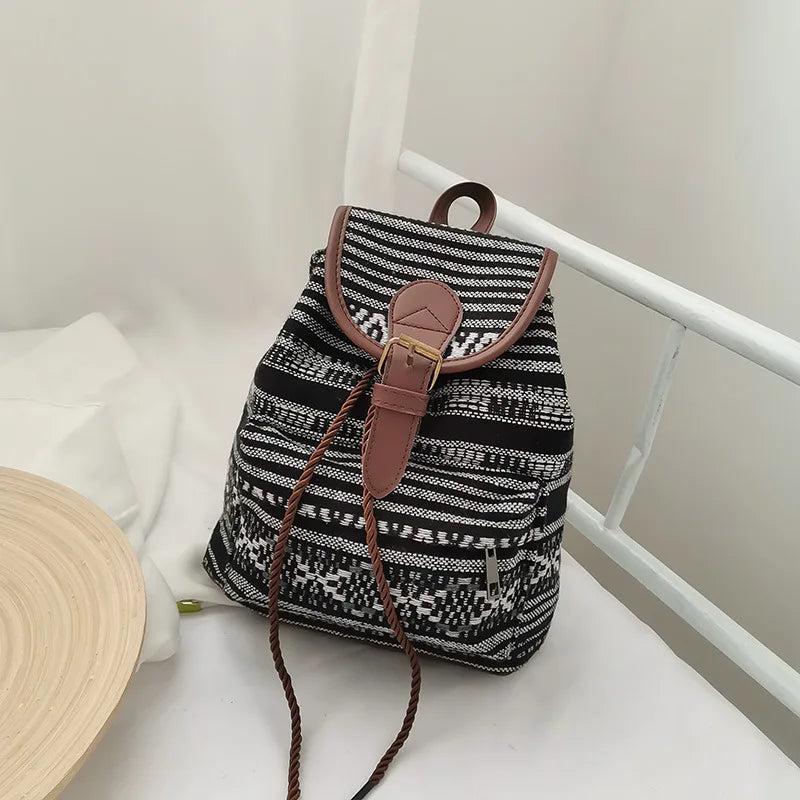 National Style Stripes Women Backpack Vintage Drawstring Female Backpacks