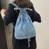 Denim Drawstring Women Backpack Big Capacity Casual Cotton Travel Shoulder Bag