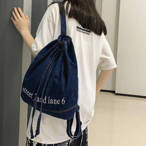 Denim Drawstring Women Backpack Big Capacity Casual Cotton Travel Shoulder Bag