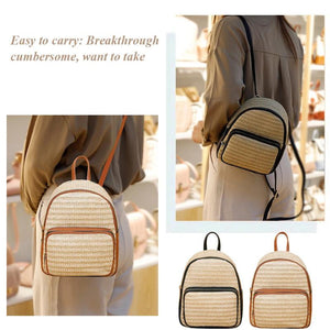 Women Straw Backpack Summer Beach Hand-Woven Leather Schoolbags