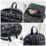 Vegan Plaid Down Backpack Large Embroidered Thread Daypack Winter