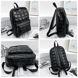 Vegan Plaid Down Backpack Large Embroidered Thread Daypack Winter