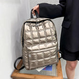 Vegan Plaid Down Backpack Large Embroidered Thread Daypack Winter