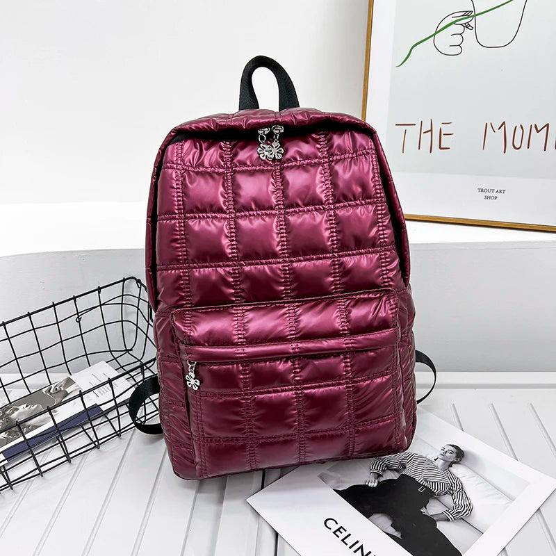 Vegan Plaid Down Backpack Large Embroidered Thread Daypack Winter