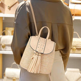 Straw Woven Backpack Women Summer Beach PU Tassel Travel Shoulder Bags