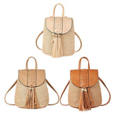 Straw Woven Backpack Women Summer Beach PU Tassel Travel Shoulder Bags