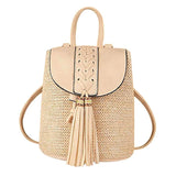 Straw Woven Backpack Women Summer Beach PU Tassel Travel Shoulder Bags