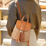 Straw Woven Backpack Women Summer Beach PU Tassel Travel Shoulder Bags