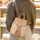 Straw Woven Backpack Women Summer Beach PU Tassel Travel Shoulder Bags