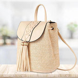 Straw Woven Backpack Women Summer Beach PU Tassel Travel Shoulder Bags