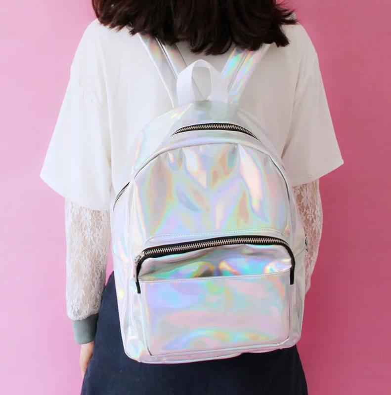 Silver Laser Backpack PU Leather Holographic School Bags for Girls
