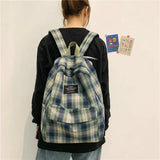 Plaid Canvas Women Backpack School Bags for Girls Travel Backbag