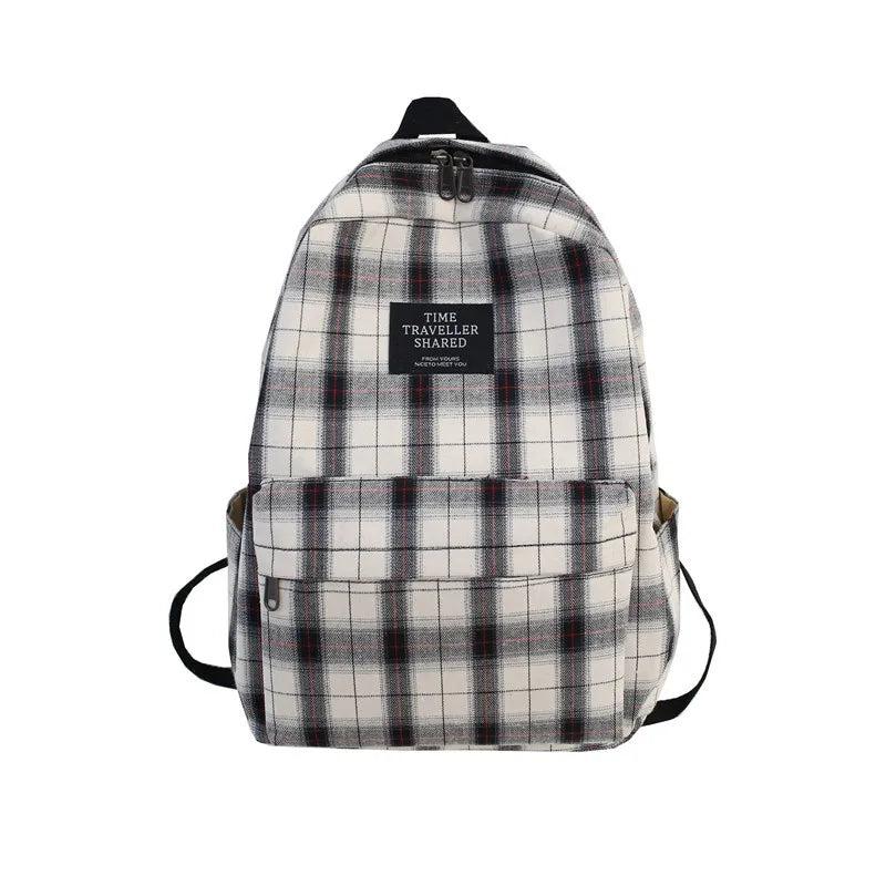 Plaid Canvas Women Backpack School Bags for Girls Travel Backbag
