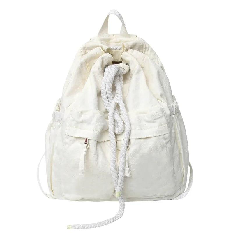 Women Canvas Vintage Drawstring Book Bag Brown College Backpack