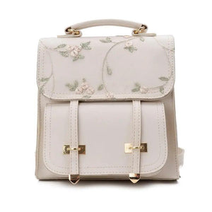 Embroidered Floral Leather School Backpack for Teenage Girls