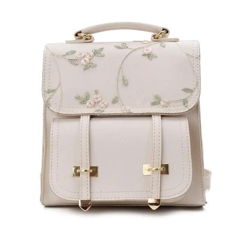 Embroidered Floral Leather School Backpack for Teenage Girls