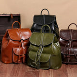 Oil Wax Cowhide Backpack with Pull Strap Closure