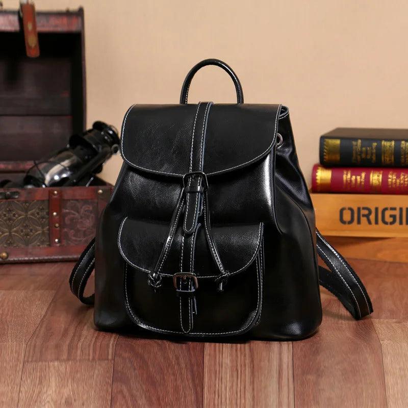 Oil Wax Cowhide Backpack with Pull Strap Closure