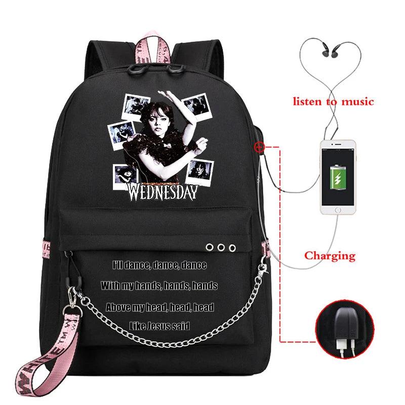 Wednesday Addams USB Charging School Backpack Harajuku Girls Boys